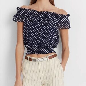 Ralph Lauren Navy Polka Dot Off-Shoulder Blouse